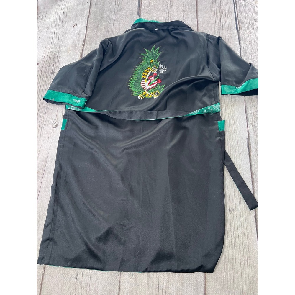 Mens Silky Kimono Robe Dragon Lantern Print Teal Black Short Sleeve‎ Reversable - Picture 8 of 9
